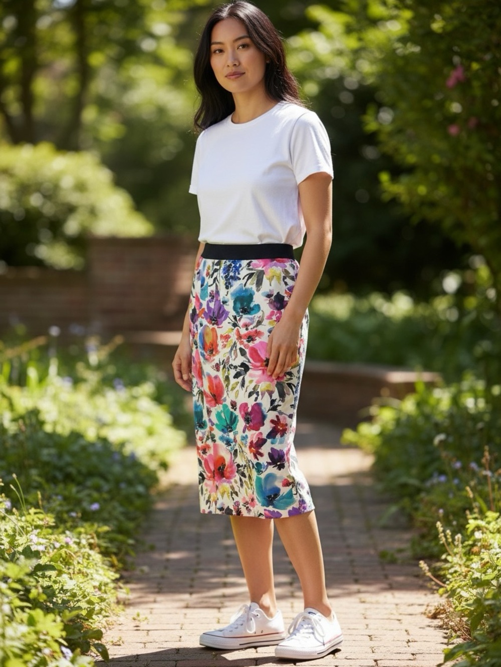 G.I.L.I. White Midi Skirt with Multicolor Floral Print and Black Waistband
